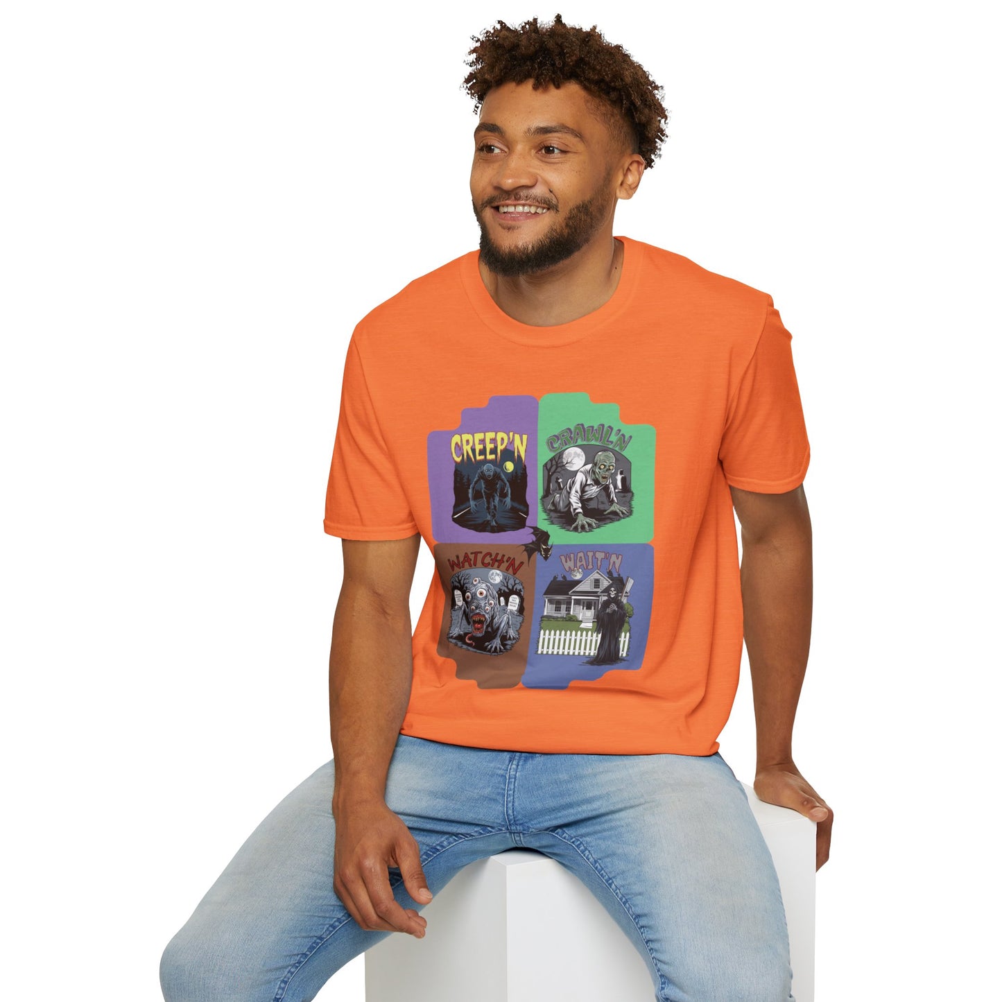 Monster Panel Halloween Tee Unisex Softstyle T-Shirt Creep'n Crawl'n Watch'n Wait'n