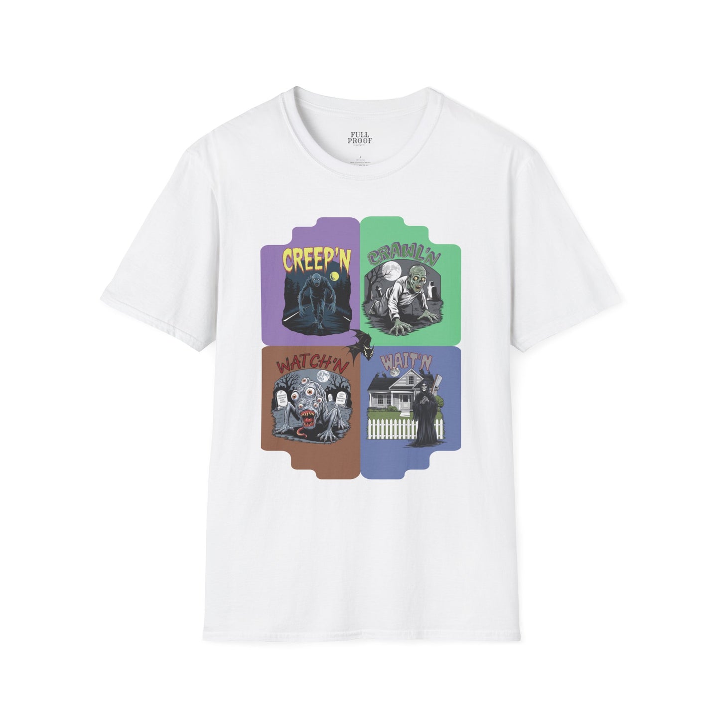 Monster Panel Halloween Tee Unisex Softstyle T-Shirt Creep'n Crawl'n Watch'n Wait'n