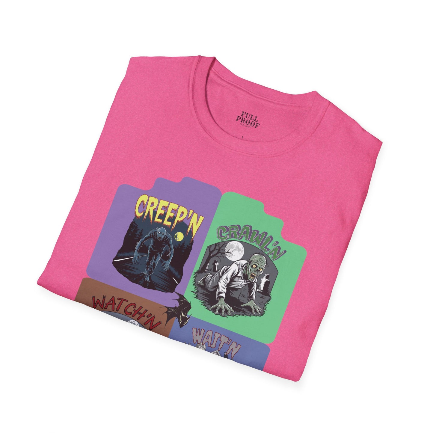 Monster Panel Halloween Tee Unisex Softstyle T-Shirt Creep'n Crawl'n Watch'n Wait'n