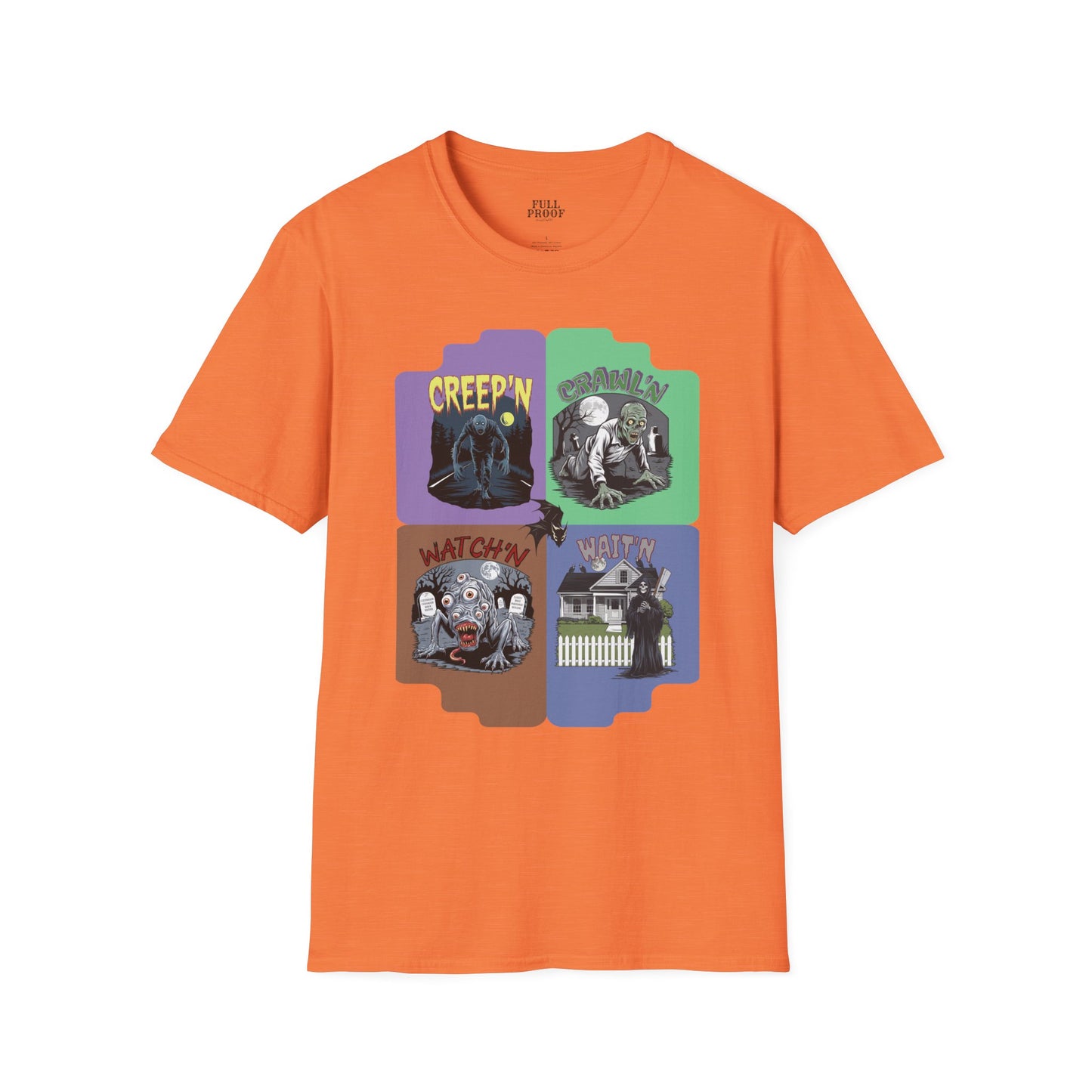 Monster Panel Halloween Tee Unisex Softstyle T-Shirt Creep'n Crawl'n Watch'n Wait'n