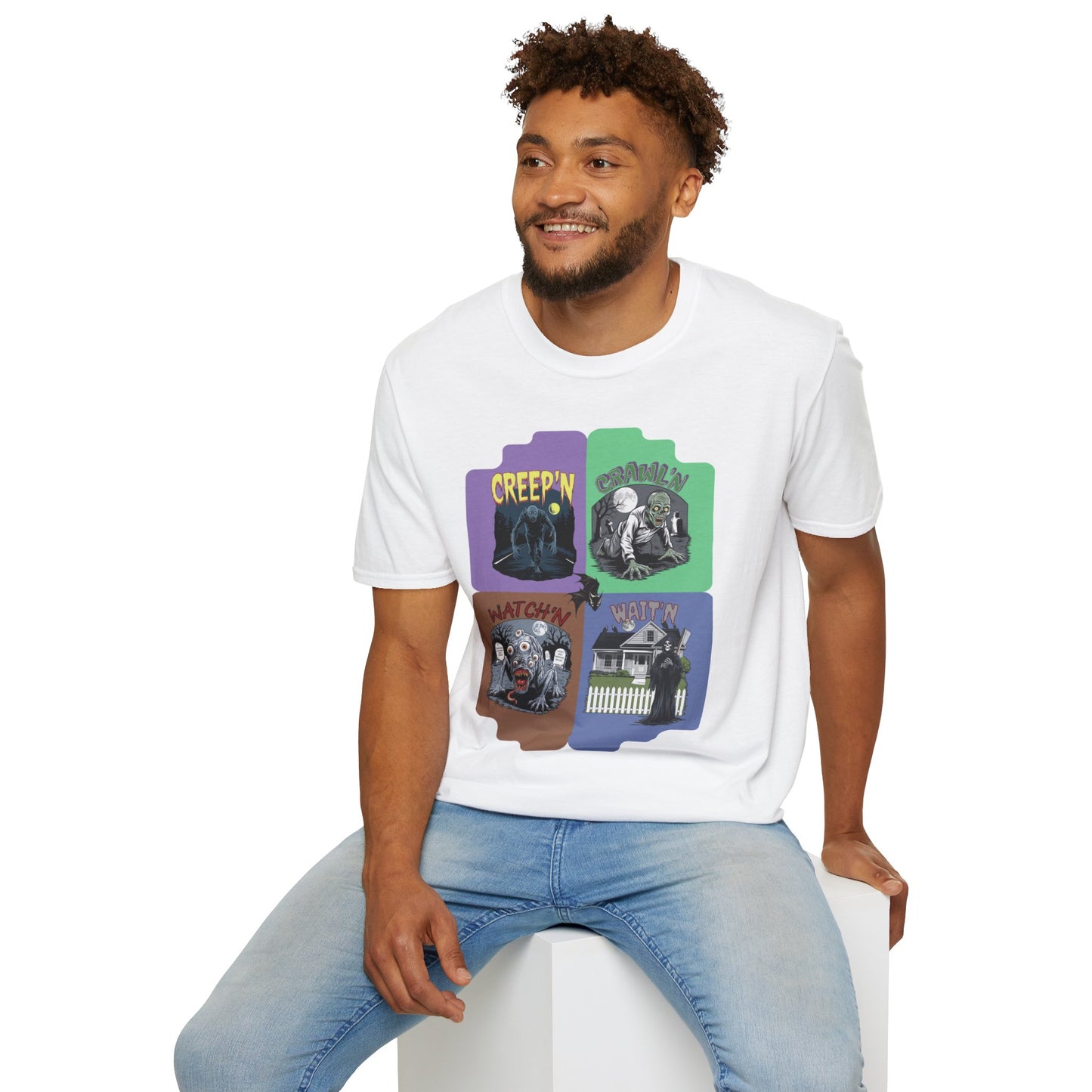 Monster Panel Halloween Tee Unisex Softstyle T-Shirt Creep'n Crawl'n Watch'n Wait'n