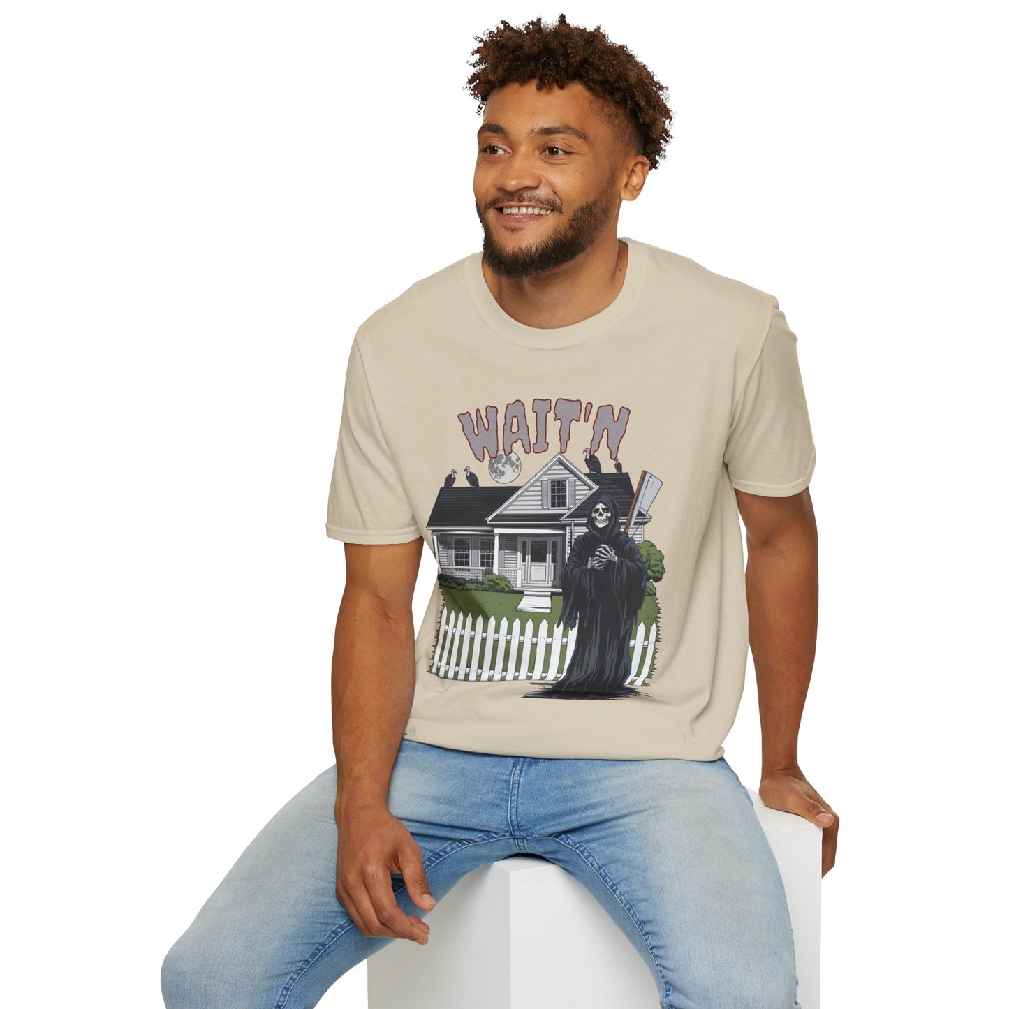 Wait'n Grim Reaper Halloween Tee Unisex Softstyle T-Shirt