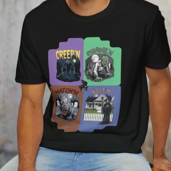 Monster Panel Halloween Tee Unisex Softstyle T-Shirt Creep'n Crawl'n Watch'n Wait'n